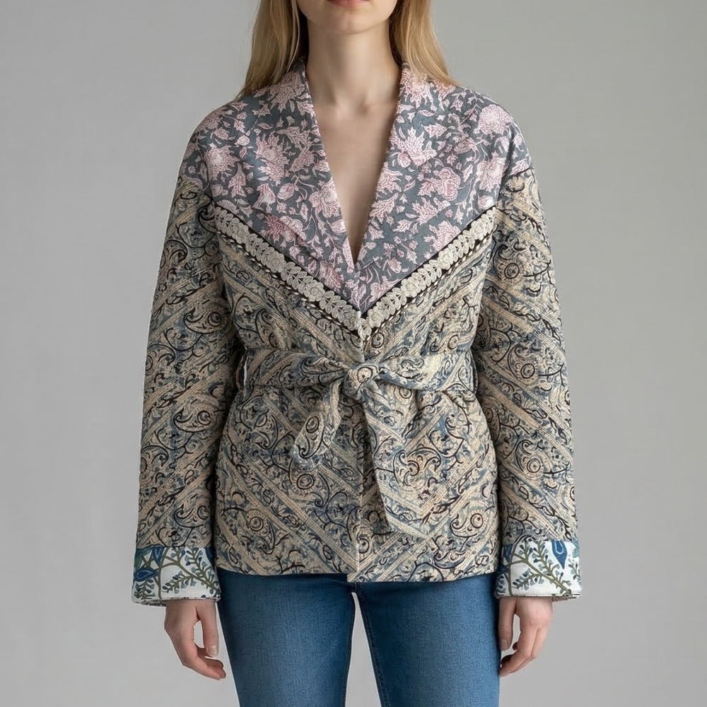 Alix Of Bohemia Beige paisley wrap blazer with pink floral shawl collar